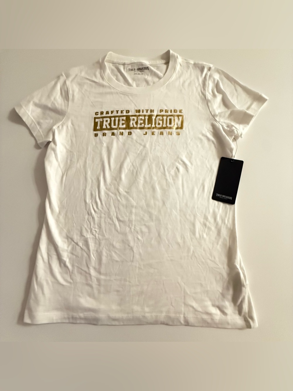 True Religion White Tee with Gold Logo Print